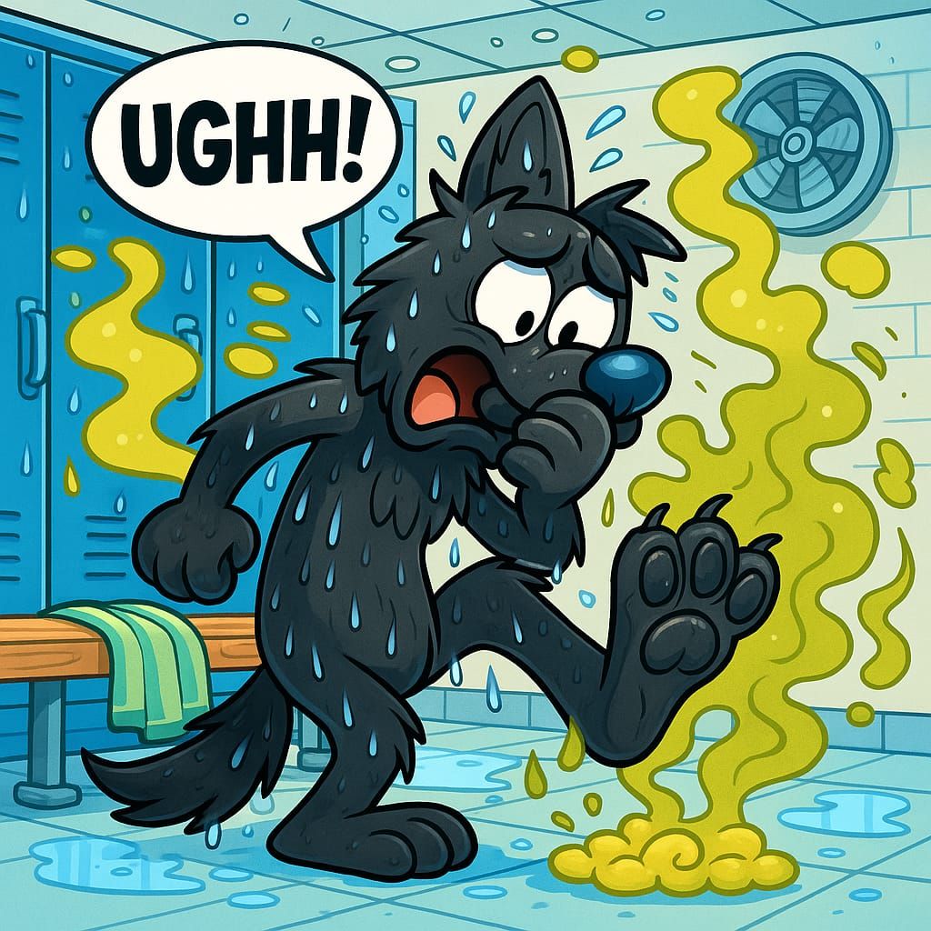 A wolf with smelly feet was in the locker room, after going ...