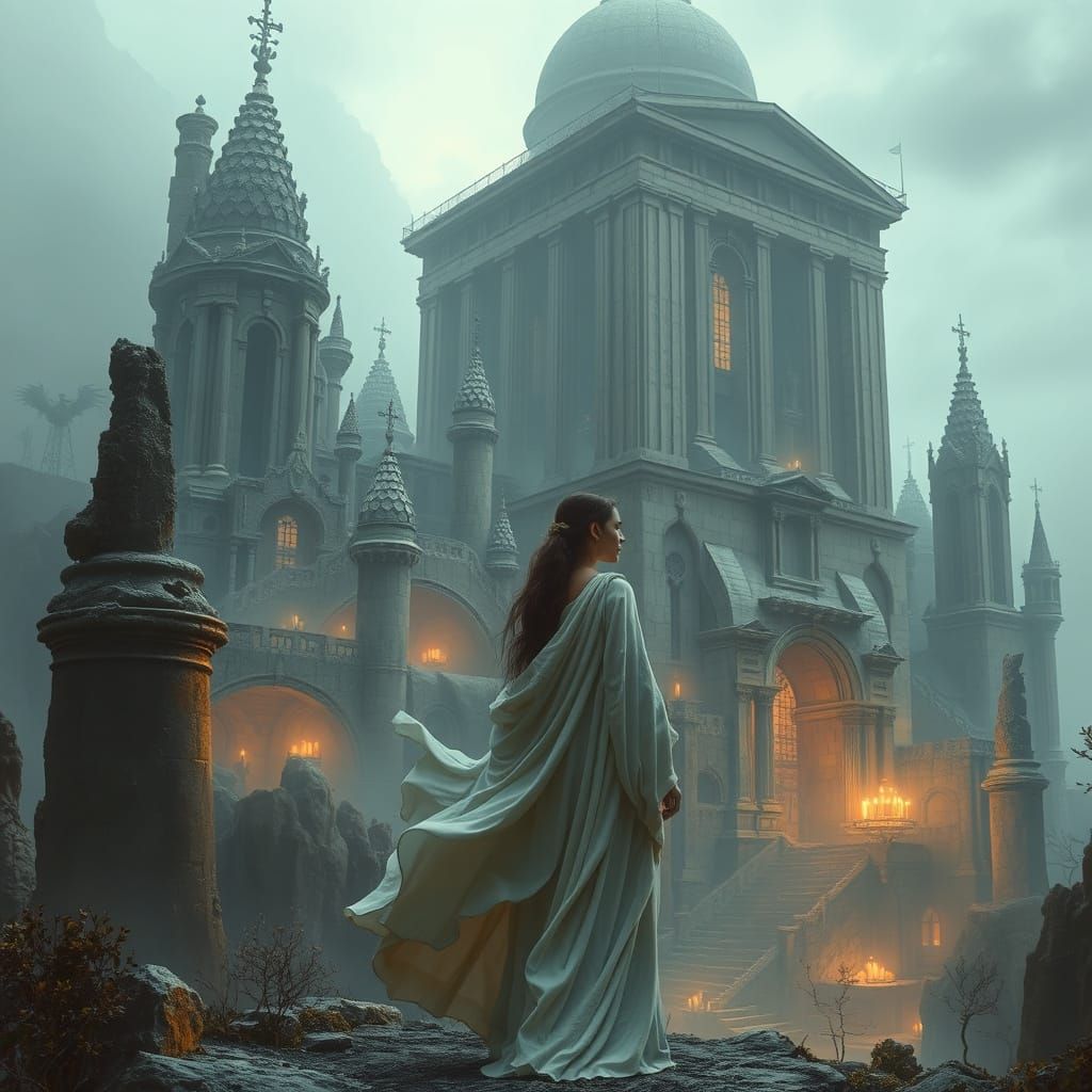 Eerie Greece-Inspired Citadel with Woman in White, in Dystop...