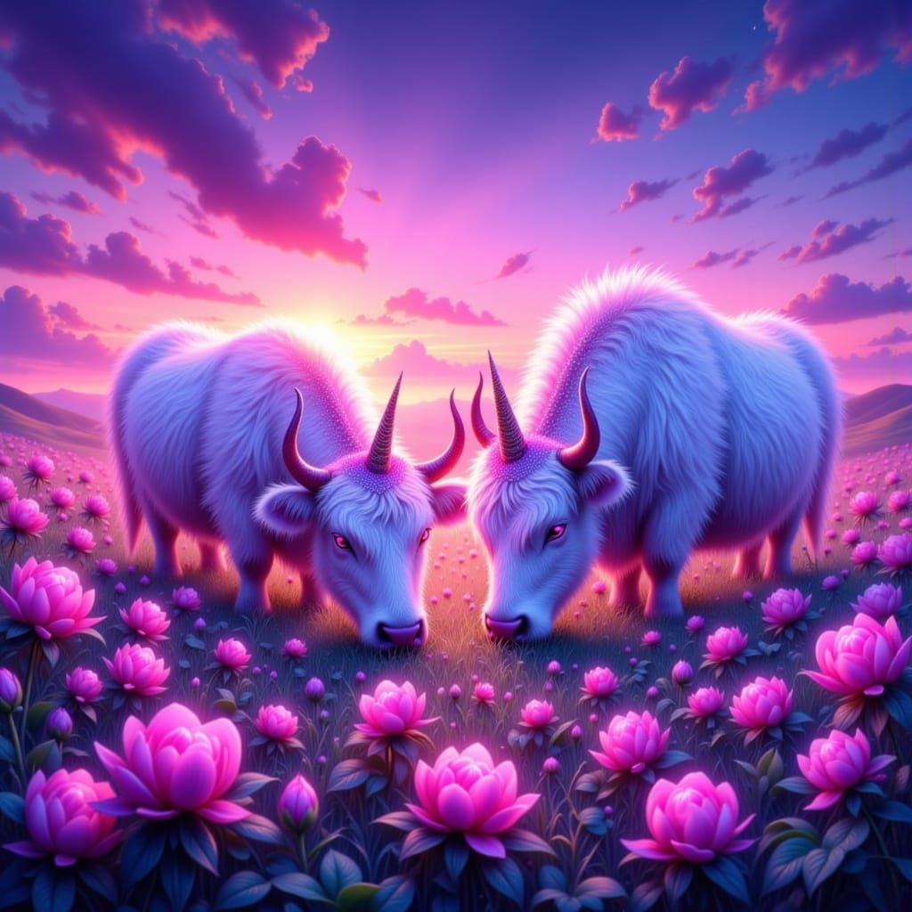 <lora:Morning Dew Flowers:1.0> <lora:Super Cute Cow:1.0> <lora:SynthWaveFlux:1.0> <lora:Fantasy Creature:1.0> Fluffy cows Cute fluffy cows i...