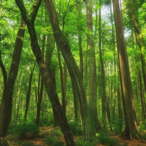 In a large forest, a vast canopy of large pines and oaks, wi...