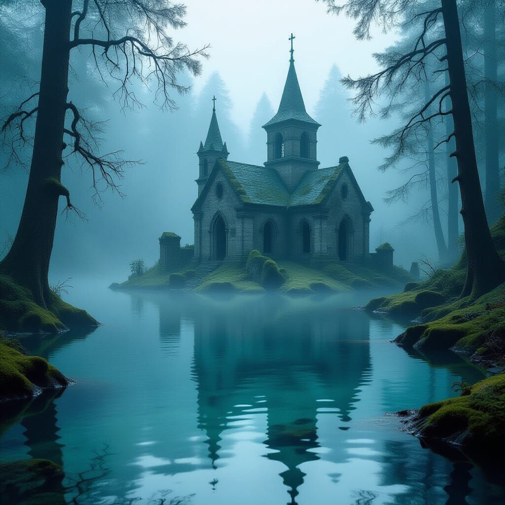 Foggy submerged forest, peaceful lake, ruins of an old church  by @draconewcal