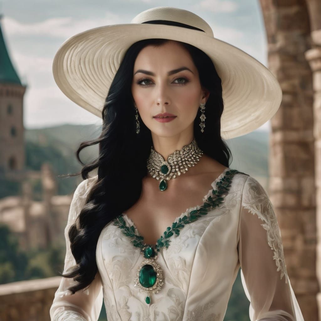 An attractive female aristocrat with long straight black hai...