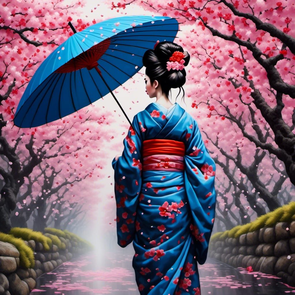 Beautiful Geisha under cherry blossom trees and an umbrella ...