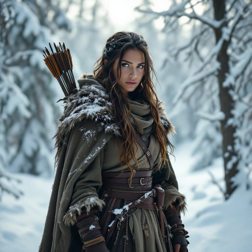 A fierce but gentle female shape shifter that is a Goliath druid in winter 