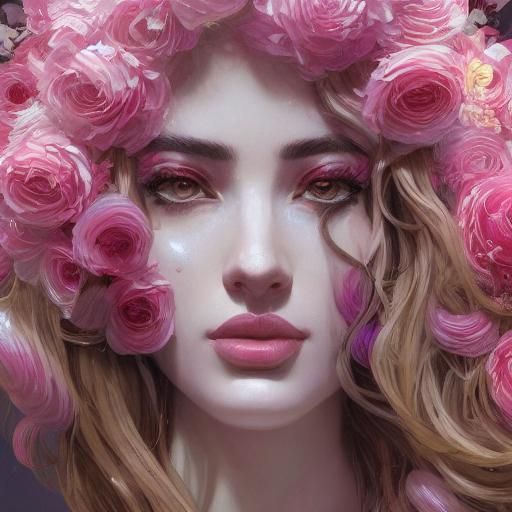 Pink Flower Girl Portrait in Art Nouveau Style