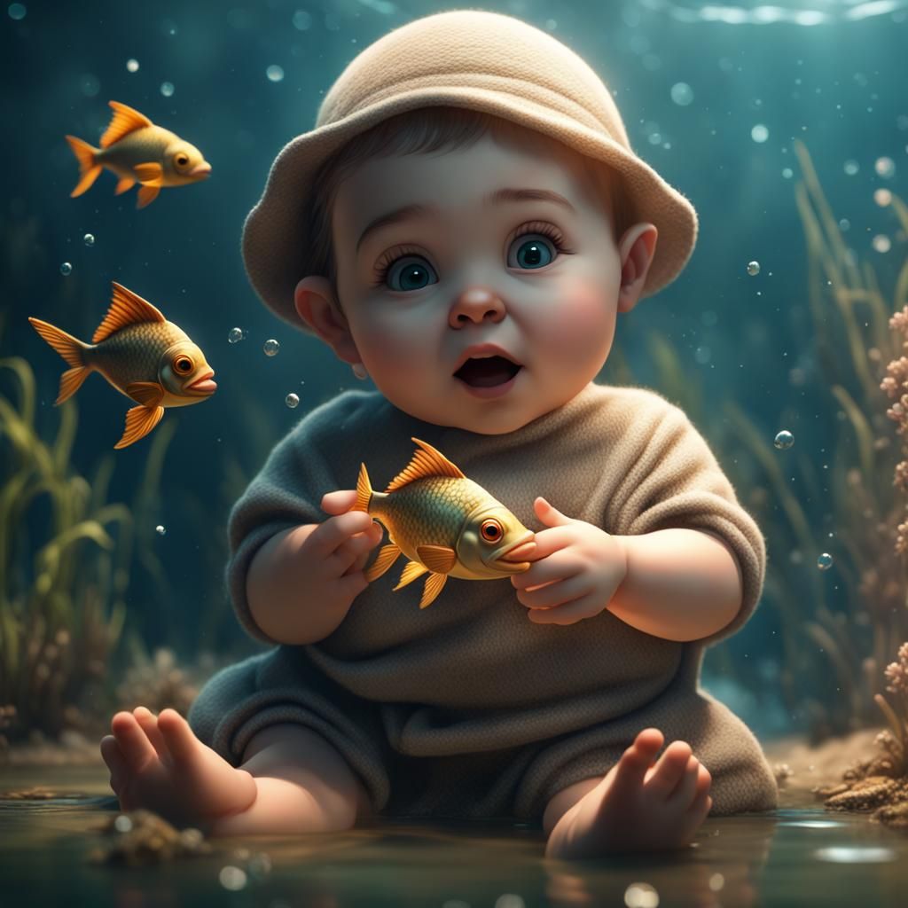 A cute baby Ozelot playing with a fish cutecore fantasycore ...