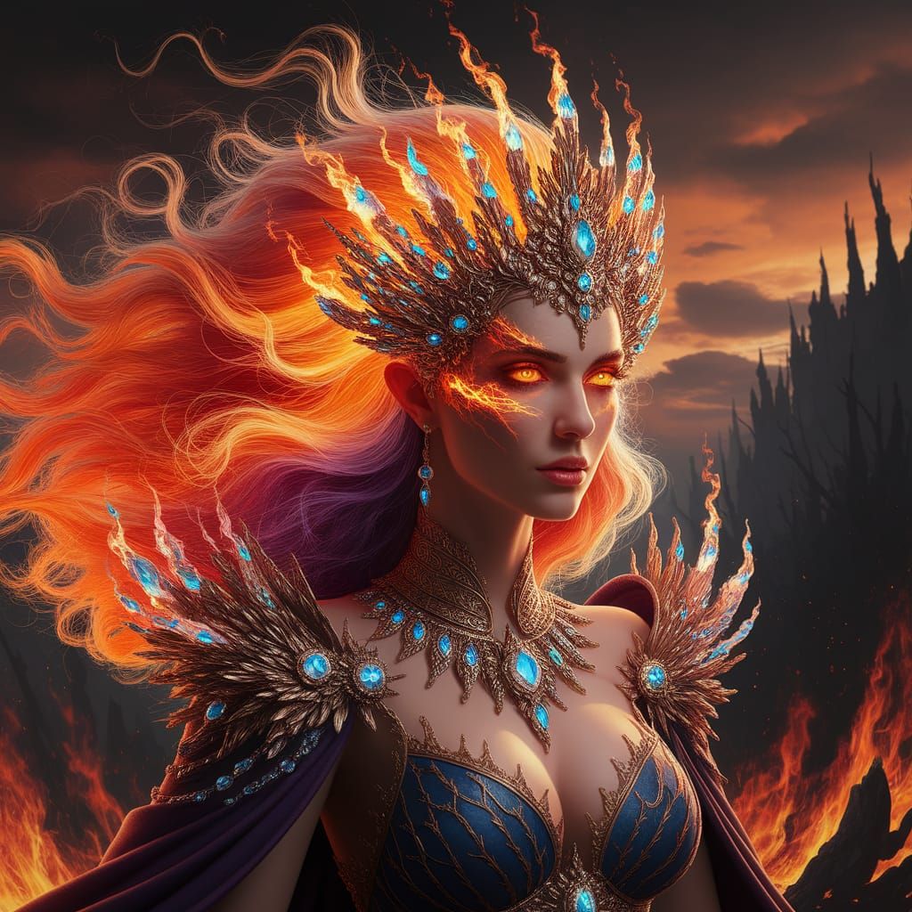 A regal fire queen with vibrant, flowing fiery hair, adorned with an intricate tiara made of glowing ...  by @amrellin