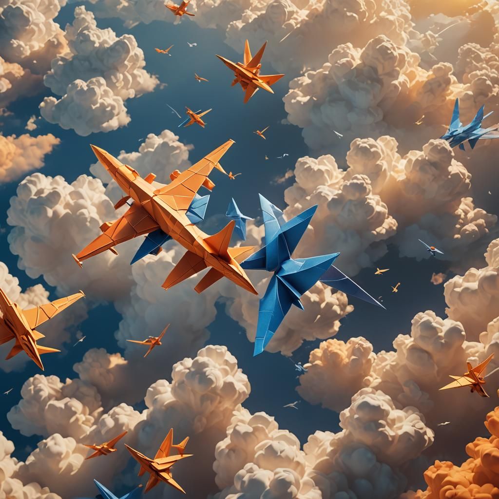 Origami Airplane in Flight: Detailed Matte Painting