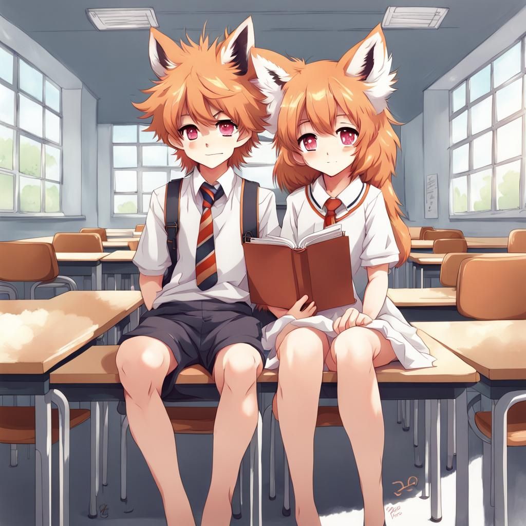 Portrait cute adorable fluffy fox boy and girl at school wit...
