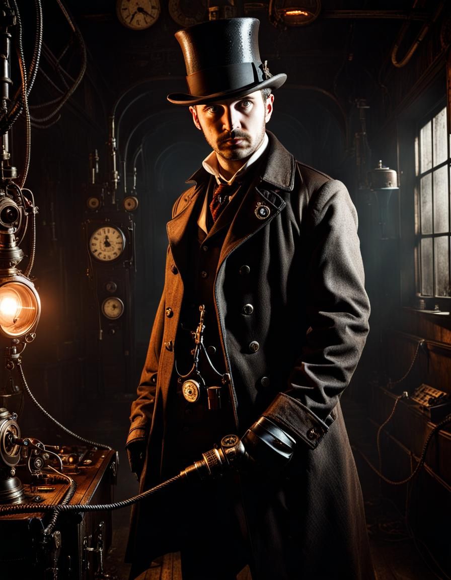 A detective in a Steampunk horror scene