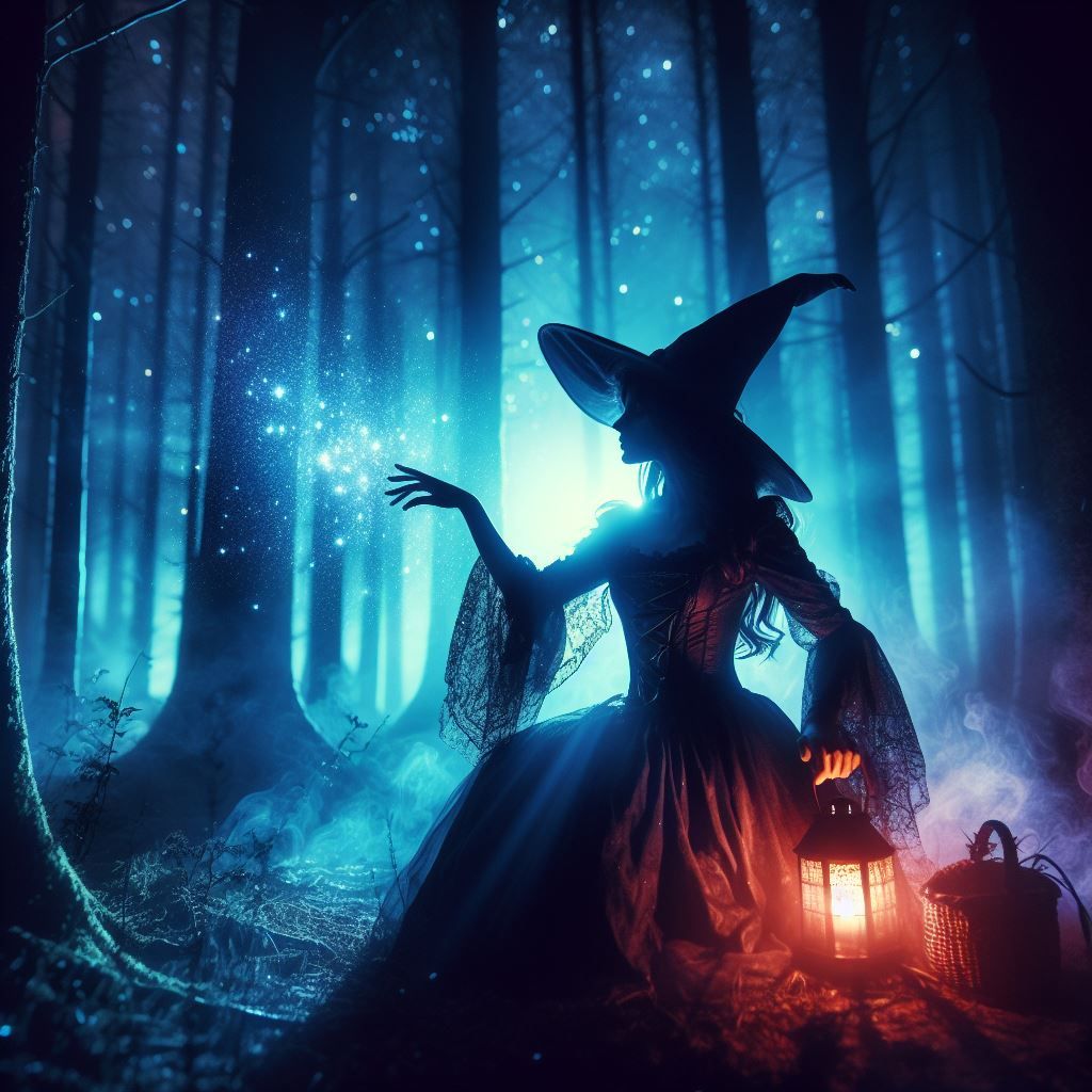Wicked witch casting a spell inside a forest during night