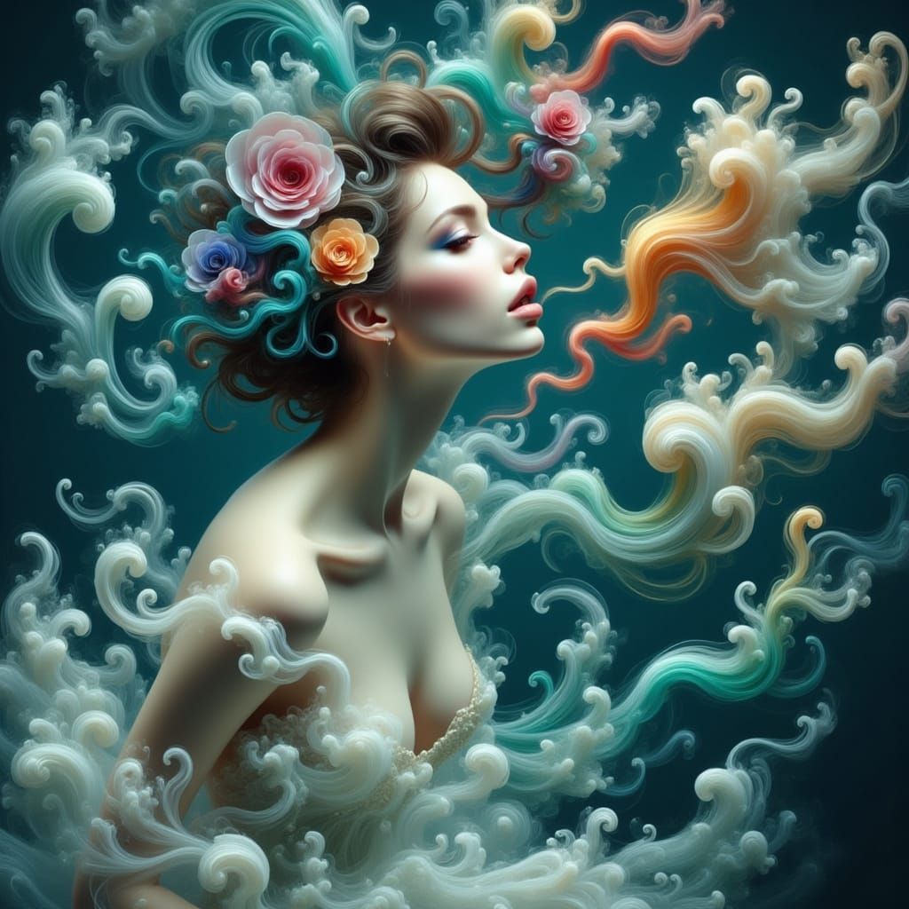 Surreal Woman with Tentacles in Dark Sea