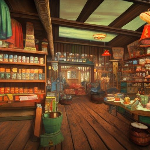 Colorful General store interior late 1800's, Asymmetry, ecle...
