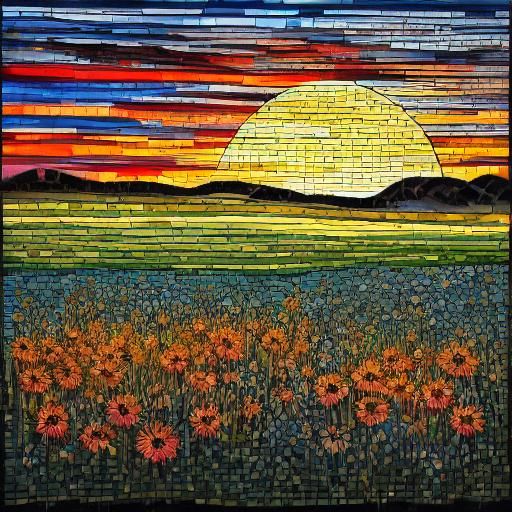 Stunning stained glass mosaic Sunset over field of intricate thick acrylic wildflowers. Old dilapidated barn. <lora:My Style:1.0> 