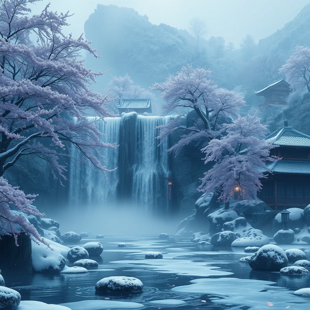 Frozen Japanese Waterfall in Detailed Matte Painting Style