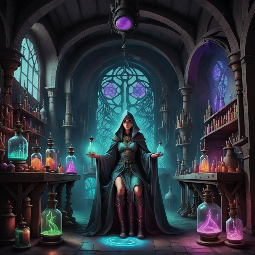 secluded alchemy lab, medieval tower, dusty scrolls, neon lava lamp ...