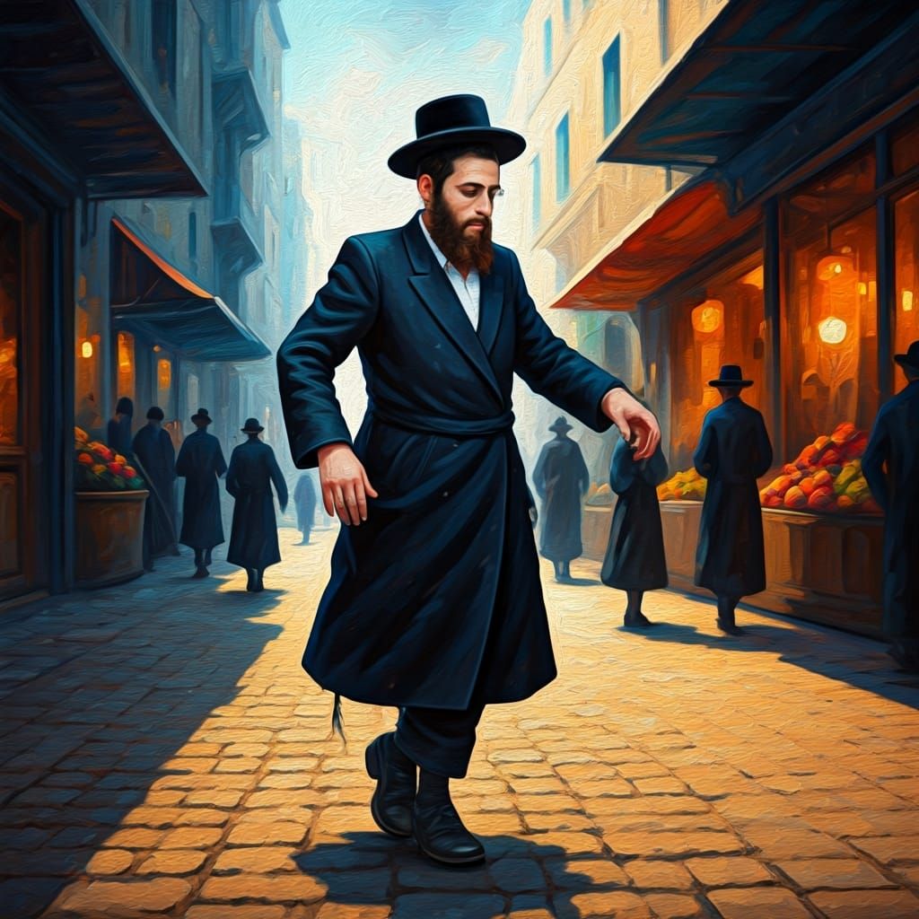 Haredi Man Dances in Market, Expressive Painting
