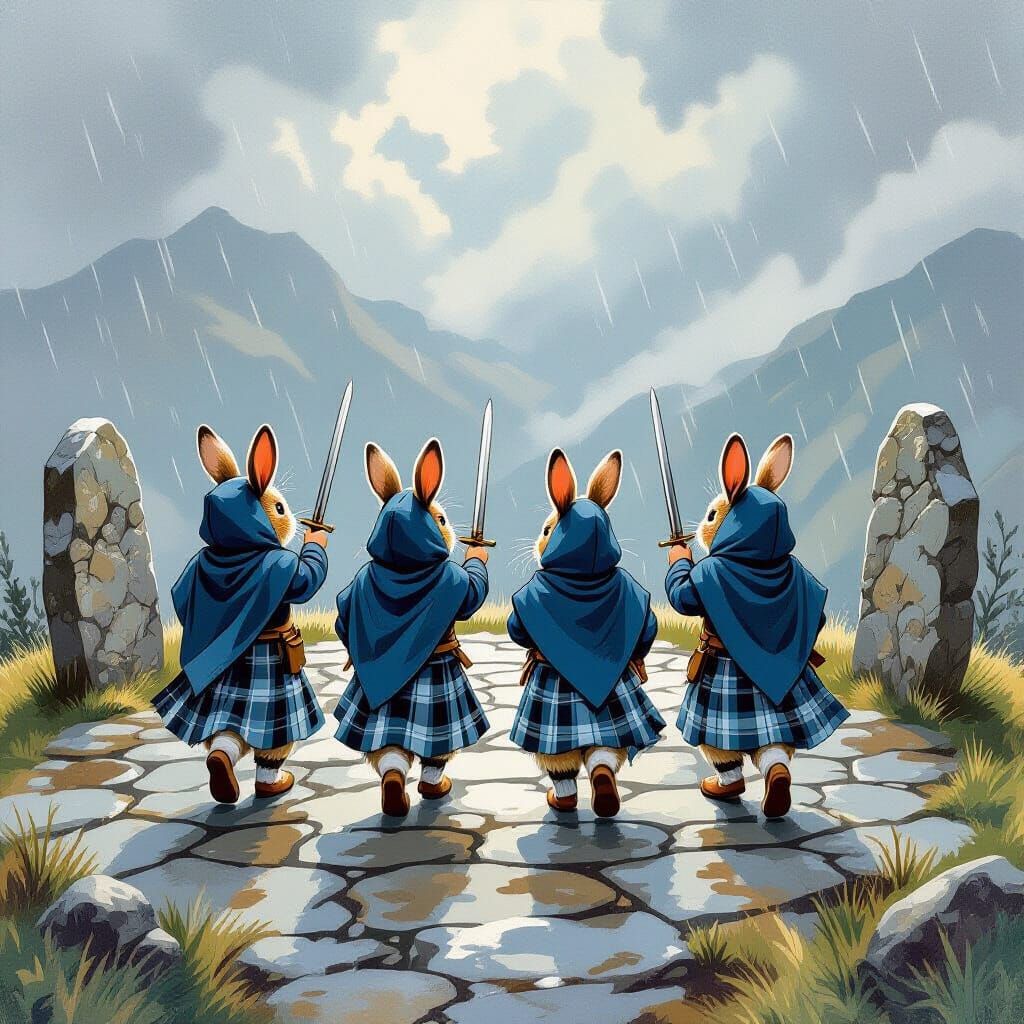 A small group of red squirrels wearing ancient Scottish kilts and sporrans make there way too the Tolkien style castle on the mountain top, ...