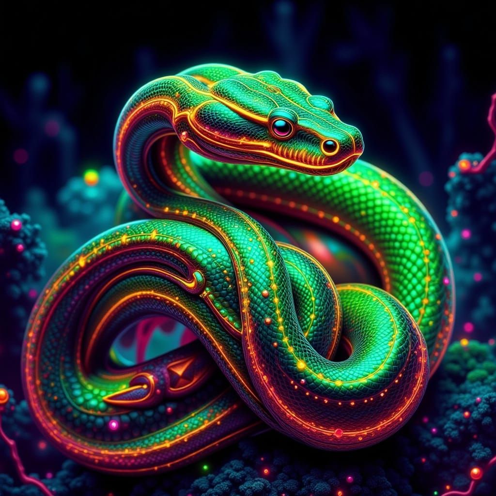 a single snake with the colors neon green and neon orange  by @Patsy 