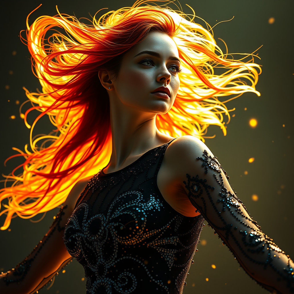 Dancer with Flowing Red Hair, Hyperdetailed Art