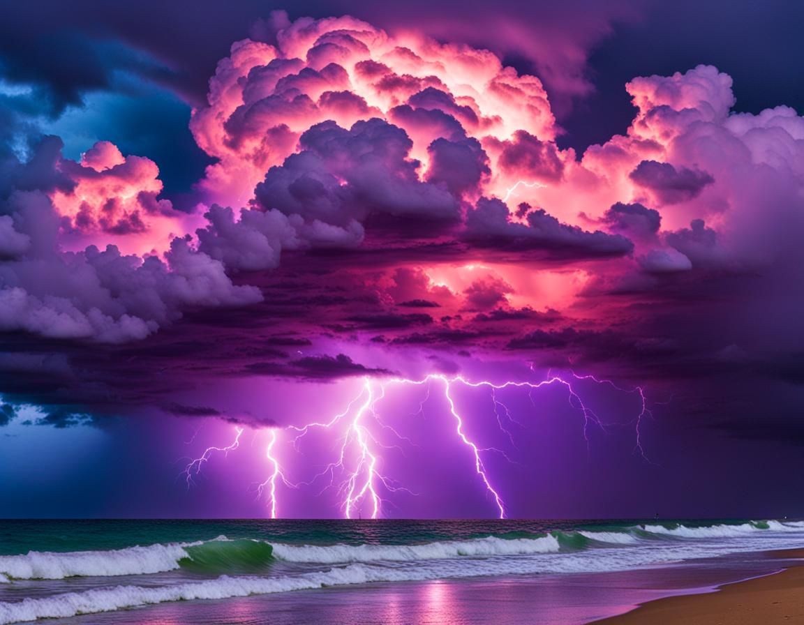 Vermillion sky over an azure ocean with raging storms and purple ...