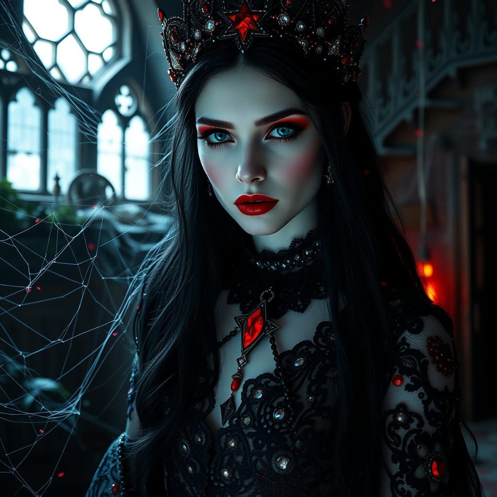 Edit: make her stand in the middle of the mansion with many shiny, intricate cobwebs hanging from the ceiling.