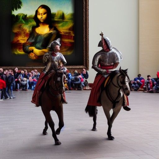 2 men jousting in front of the mona lisa, photo 4k