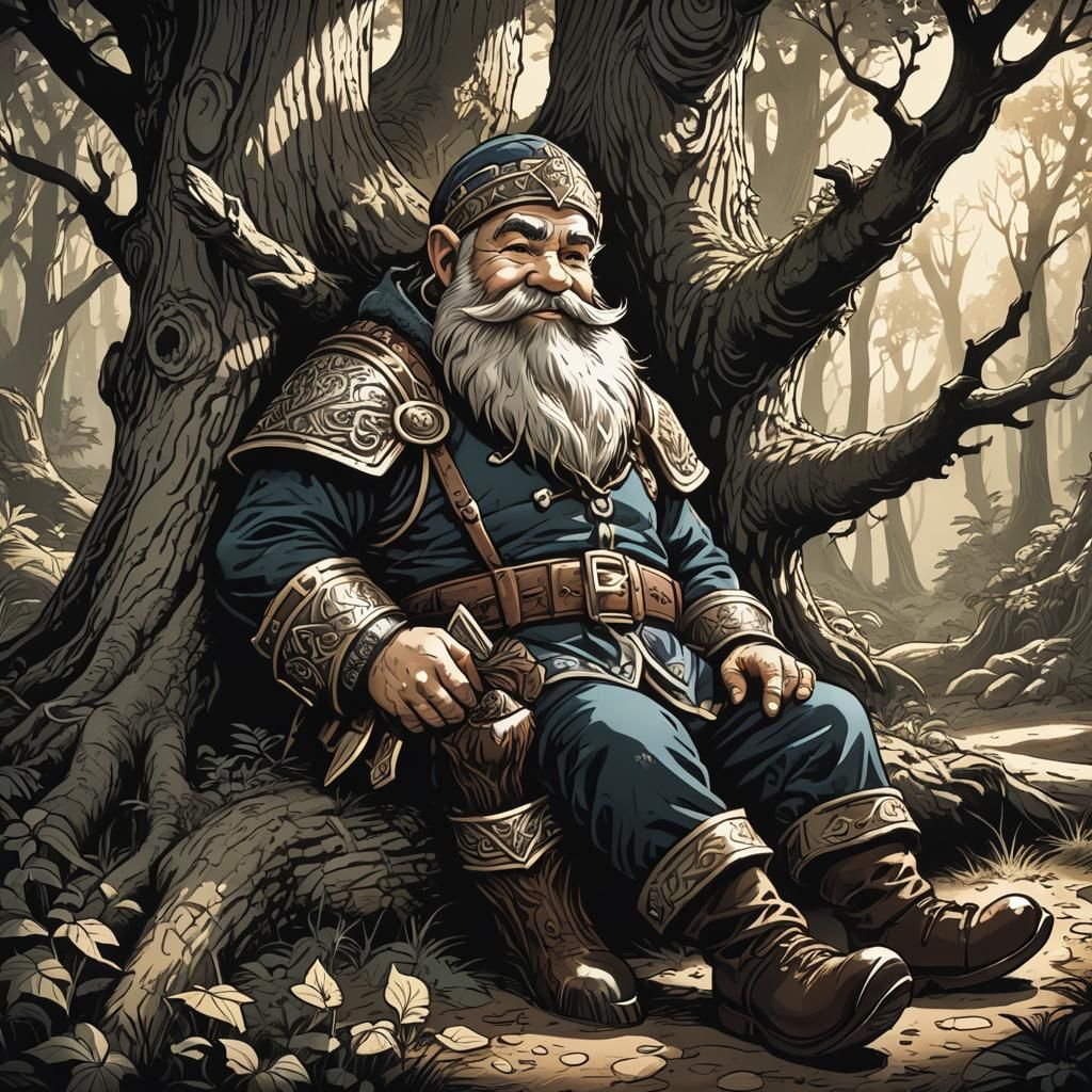 happy dwarf resting under a tree