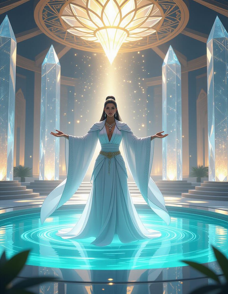 Inside a grand Lemurian crystal temple shaped like a lotus blossom, walls of translucent crystal shimmer with inner light, casting rainbow r...