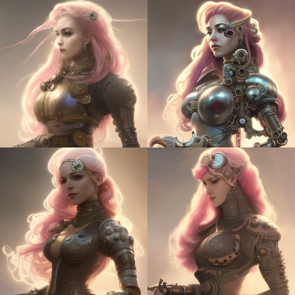 portrait of a middle-eastern steampunk woman, pale-pink hair...