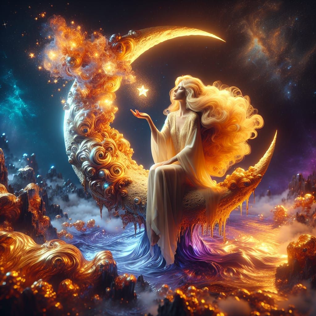 A golden hair woman sitting on top of a melting moon throwing stars out of her hand