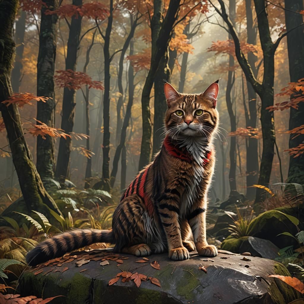 male tom-cat, reddish-brown striped fur, skinny, short-furre...