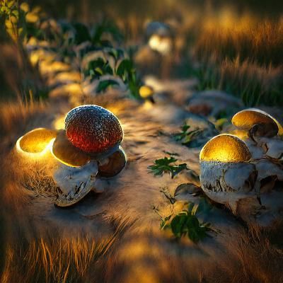 amanita mushrooms in a grade field; beautifully lit; Ferdina...
