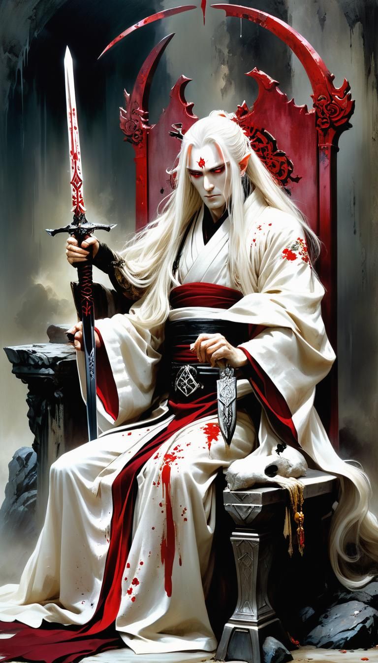 Elric of Melnibone with his rune Sword, White Kimono, seated on a ruby ...