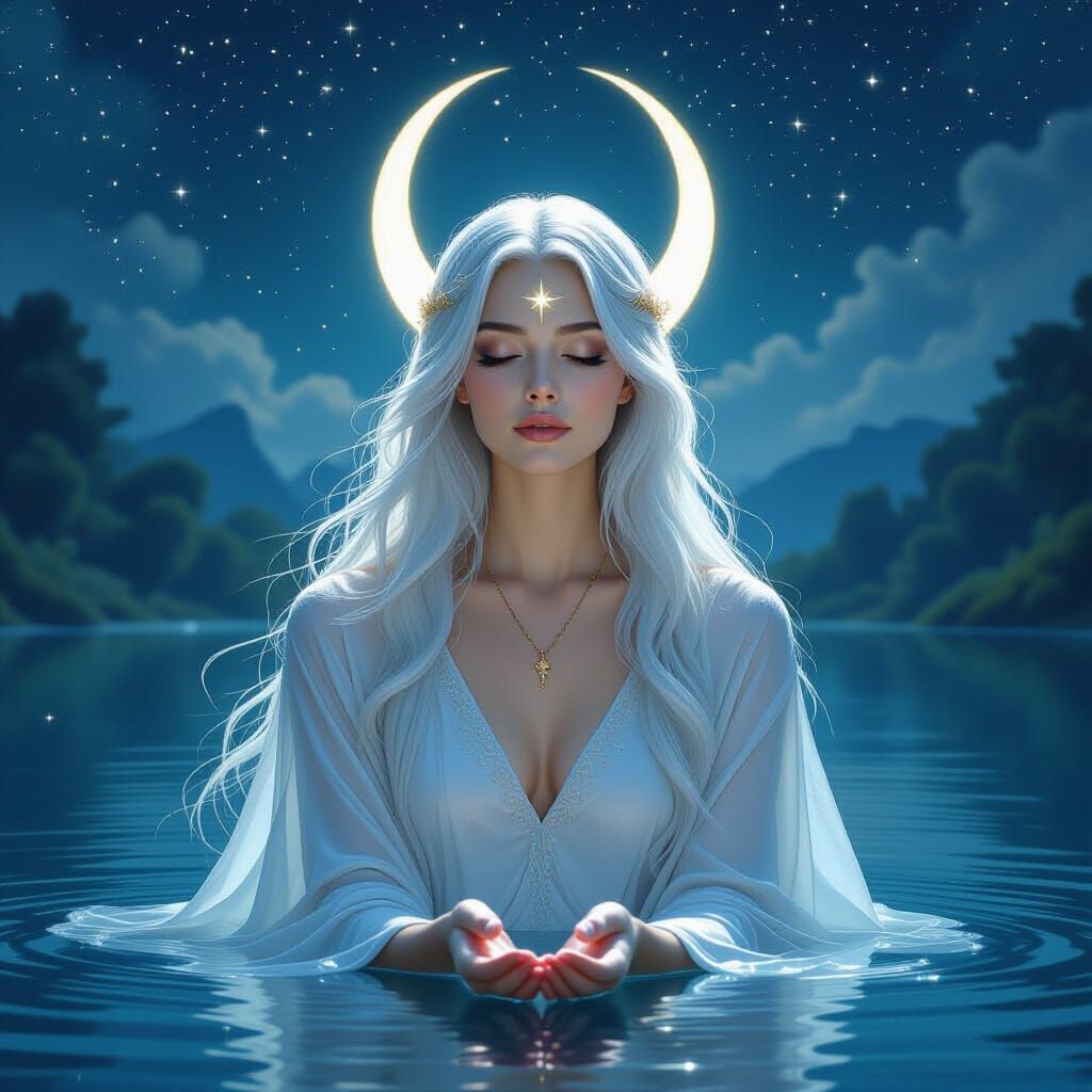 A ethereal woman levitates gently above a tranquil, mist-covered lake.   by @Aurora