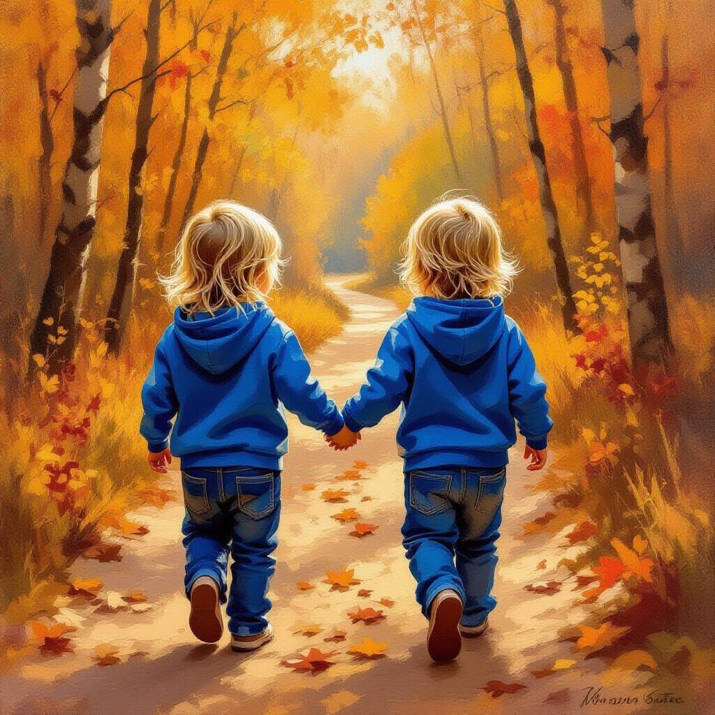 Golden Autumn Forest Path with Twin Boys