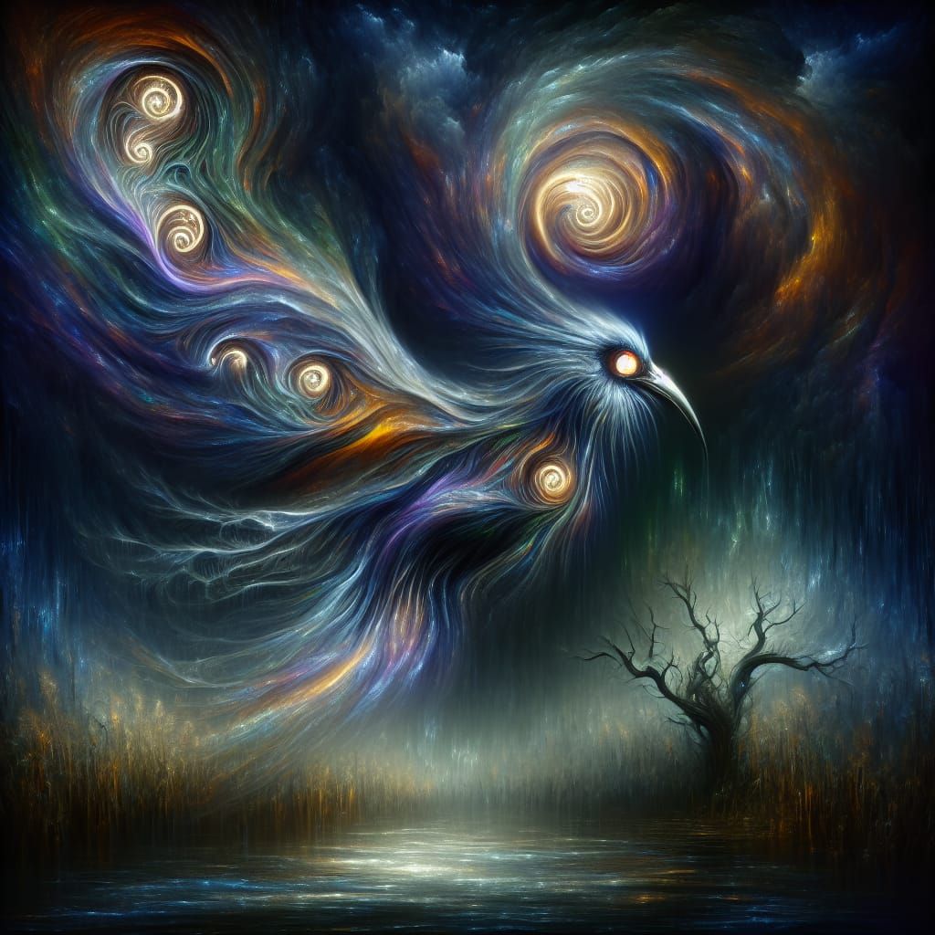 Ethereal Bird Dissolving into Midnight Mist as Oil Painting