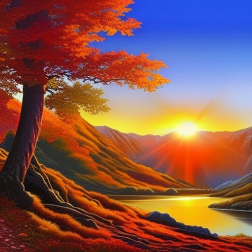 Sunset in autumn landscape Hyperrealistic, splash art, conce...