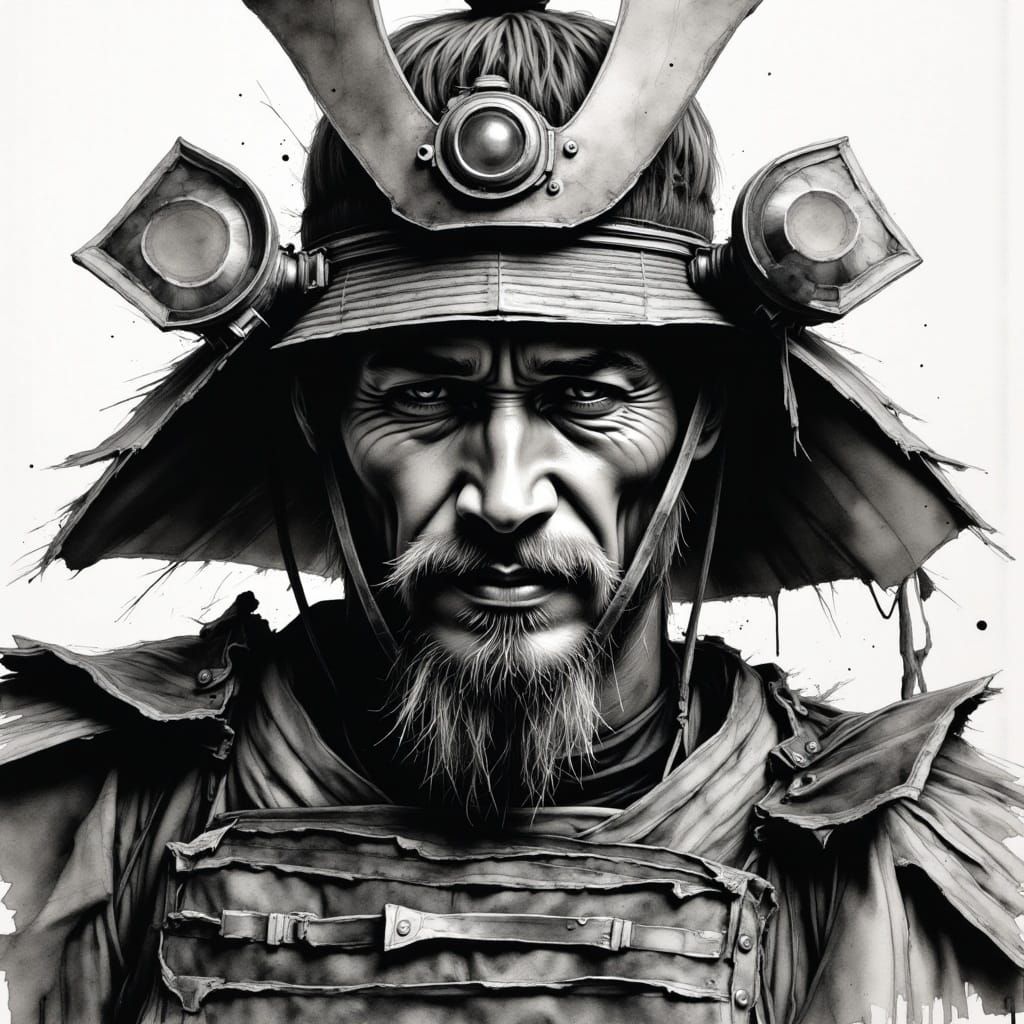 <lora:Brushed Charcoal Fl:1.0> extreme closeup of Japanese samurai warrior, Brushed charcoal effect black and white watercolour wash