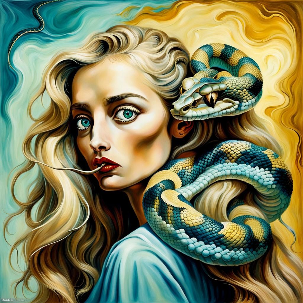 fluffy textured snake, flirty and made up, with long blonde ...