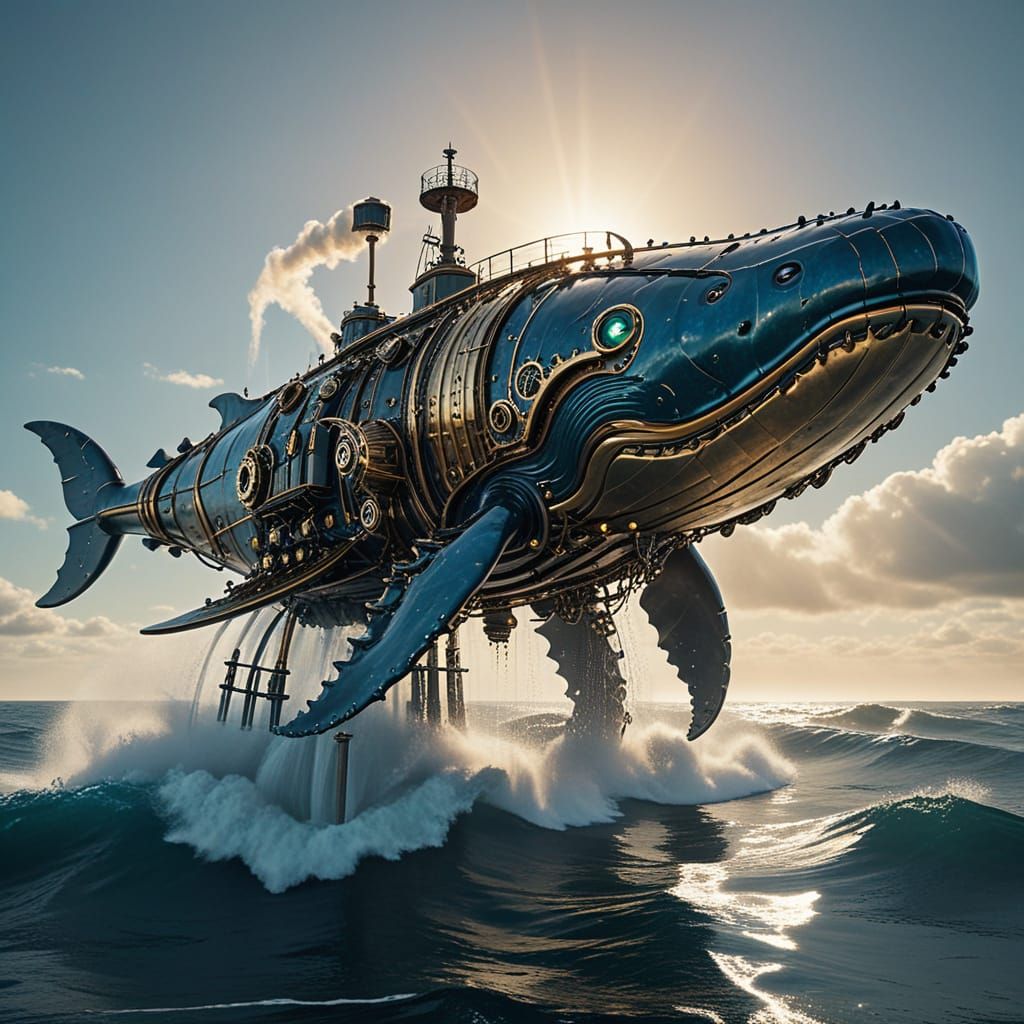 A steampunk blue whale leaps out of the ocean