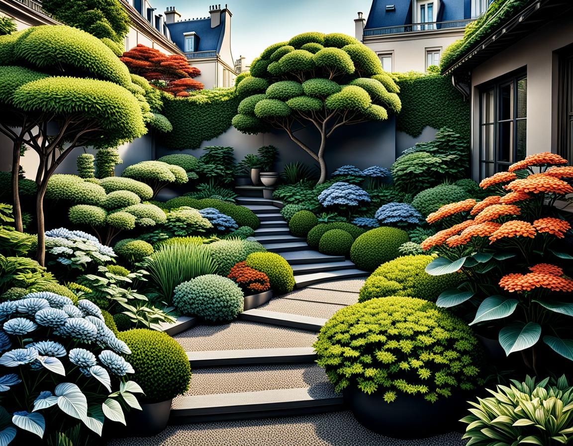 an illustration of an urban garden, on a terrace in the city...