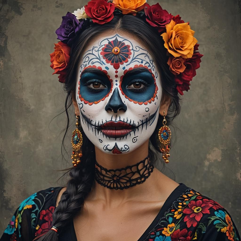 Medium shot of a beautiful woman wearing colorful Día de los...