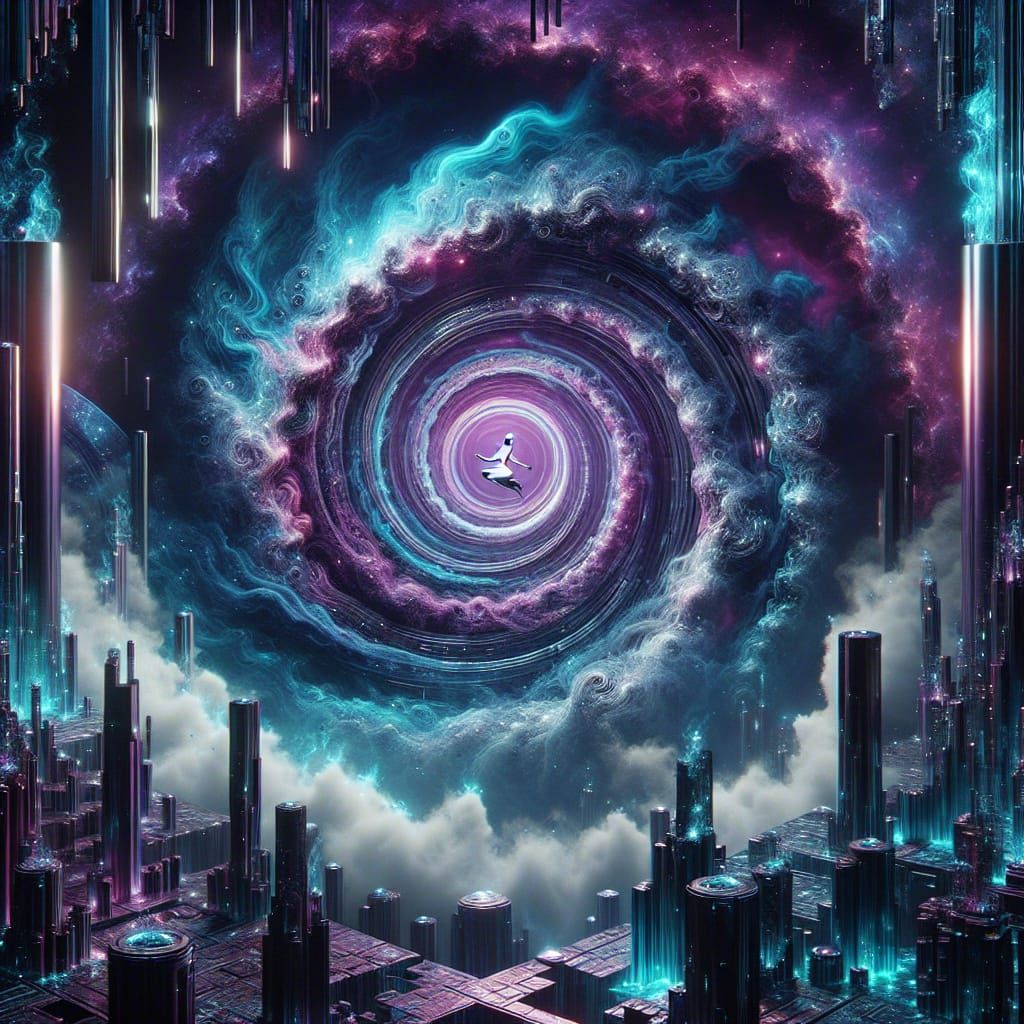 Purple, Blue, black, turquoise hyperspace, shiny metal, 10k, distant feminine Humanoid figure floating inside dispersed gap hole of spiral,...
