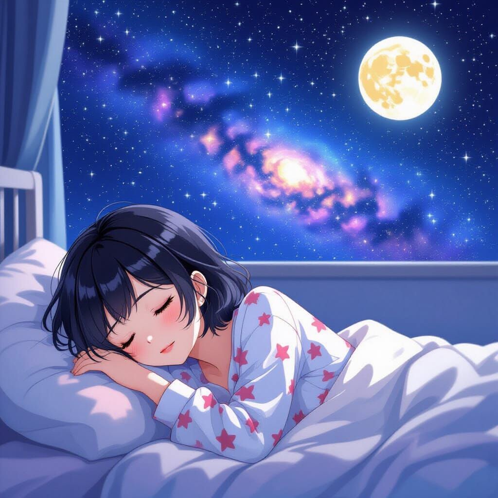 Anime Woman Sleeping Under Nebula Sky