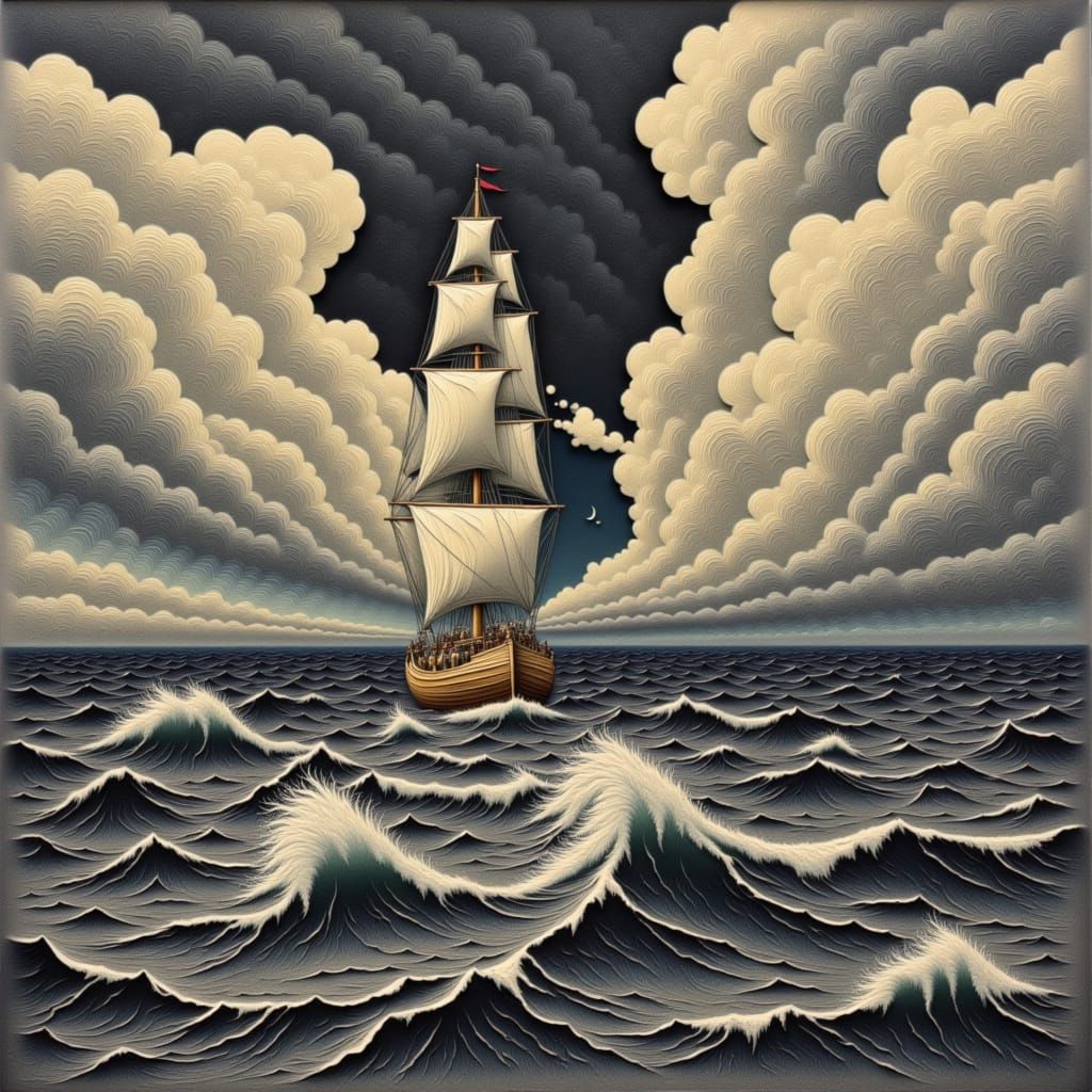 Impasto Clipper Ship on Ocean in Monet Style