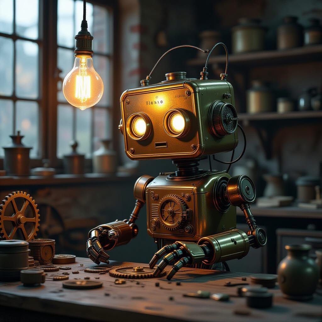 A whimsical, anthropomorphic droid with a vintage radio for a head, tinkering with intricate clockwork mechanisms in a dimly lit workshop fi...