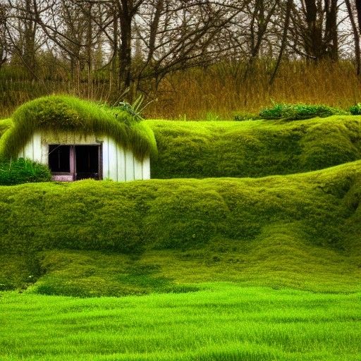 A field with cartoony houses and has flowers everywhere and ...