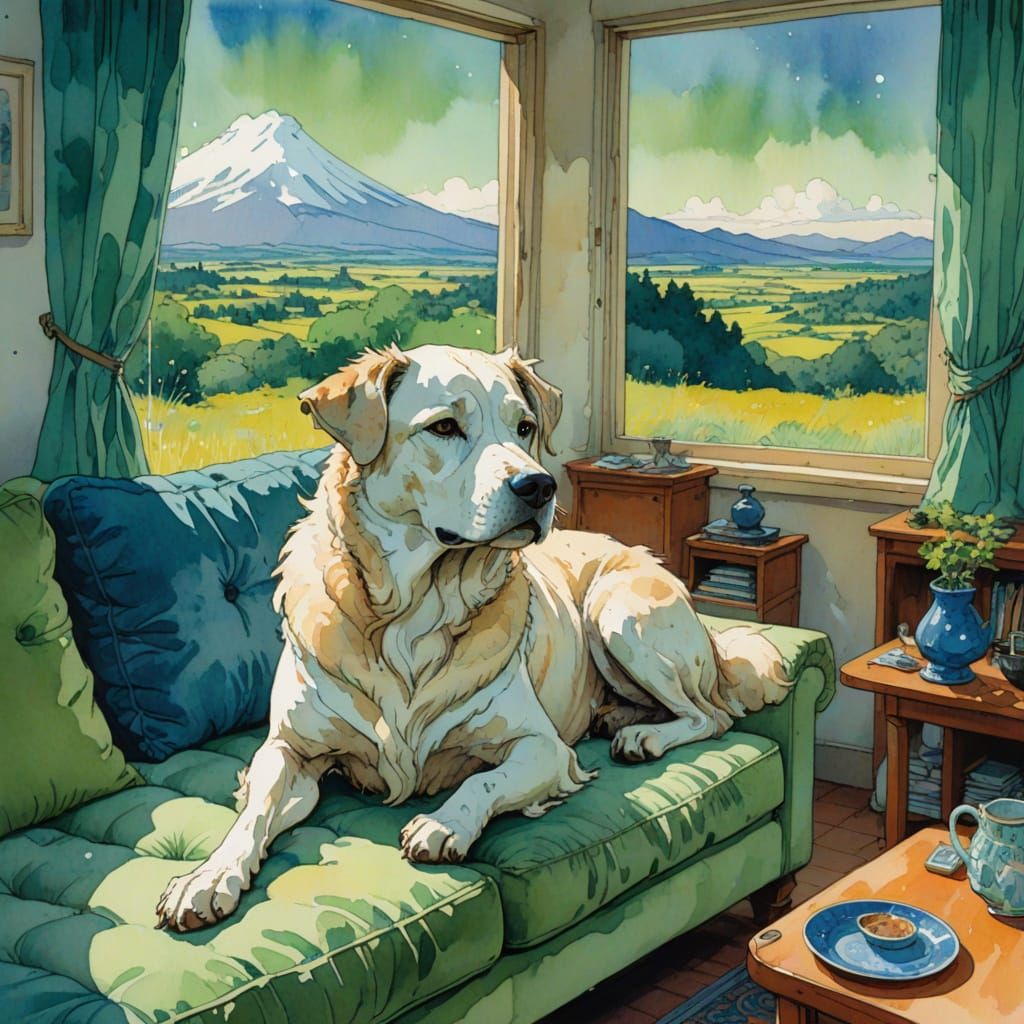 fugly dawg, comic book, watercolor, gouache, tempura, jacek yerka, moebius, erin hanson, white, pastel orange-yellow, pastel mossy green, pa...