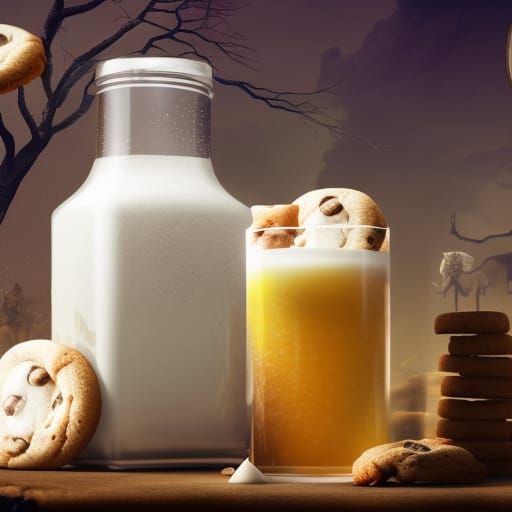 Spoiled milk in a glass with cookies and mold